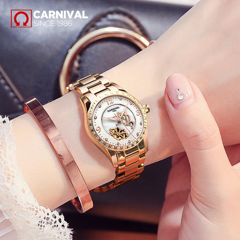 CARNIVAL Brand Women Mechanical Watch Ladies Luxury Rose Gold Automatic Movement Wristwatches Waterproof for Women Montre Femme