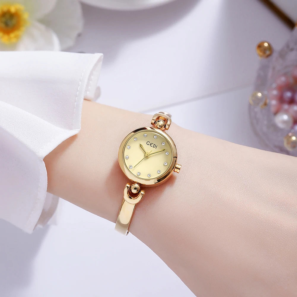 GEDI Elegant Golden Watches for Women Luxury Small Dial Rhinestone Scale Waterproof Ladies Quartz Wristwatch Woman Casual Clock