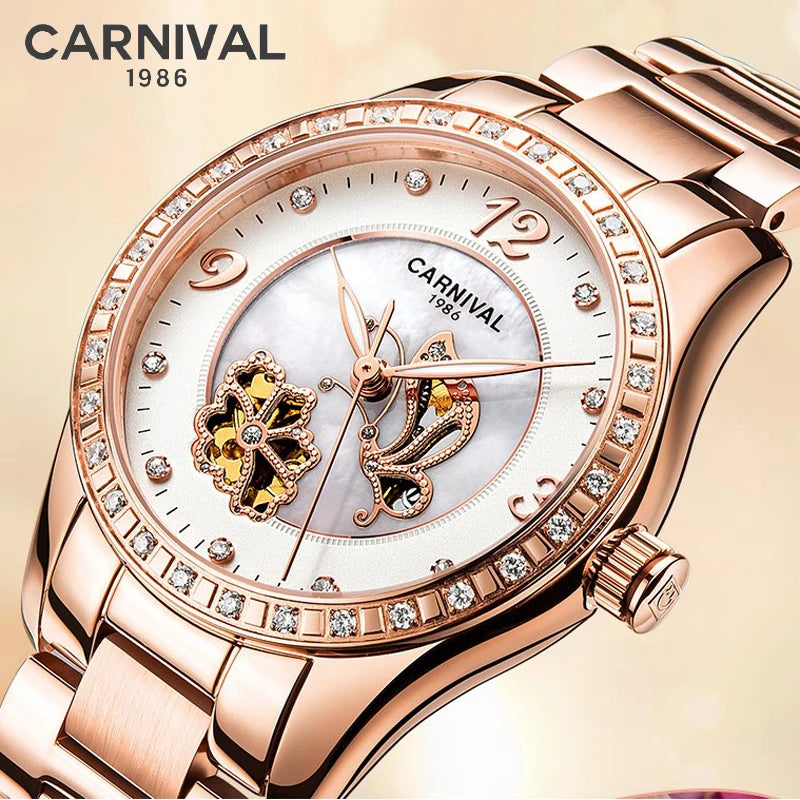 CARNIVAL Brand Women Mechanical Watch Ladies Luxury Rose Gold Automatic Movement Wristwatches Waterproof for Women Montre Femme