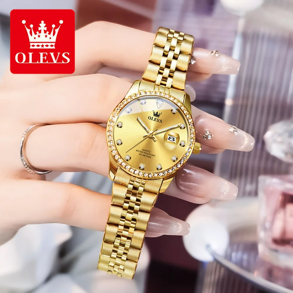 OLEVS Luxury Golden Stainless Steel Quartz Watches for Women Auto Date Rhinestone Waterproof Ladies Wristwatch Clock Woman Watch