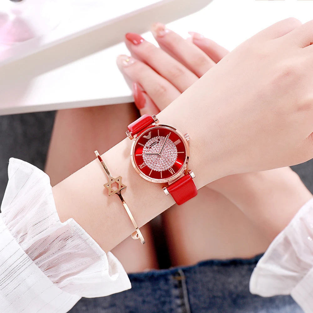 Tephea Top Brand Luxury Watches Women Alloy Analog Quartz Red Ladies Wrist Watch Rhinestone Leather Strap Purple Relogio